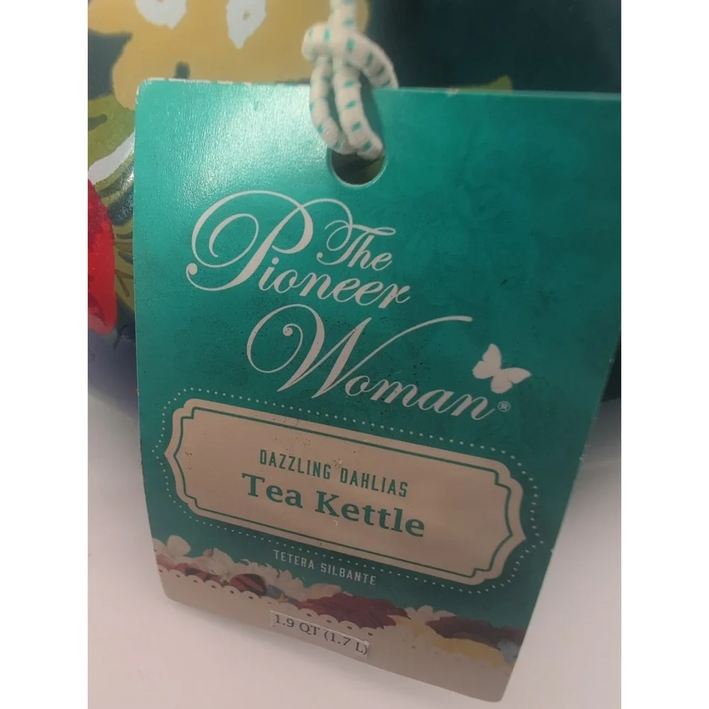 Pioneer Woman Dazzling Dahlias Teal Enamel Stove Top Kettle 1.9qt